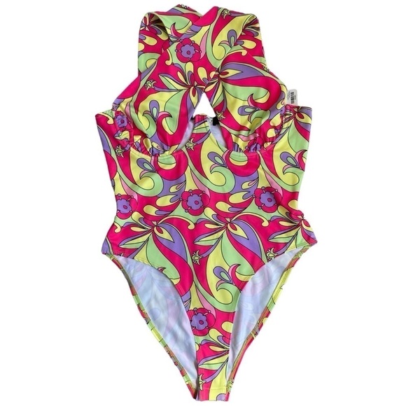 NWT AKIRA Happy Daze Cross Over Cutout Halter Bodysuit Retro 70s Hippie Print L - Picture 8 of 15